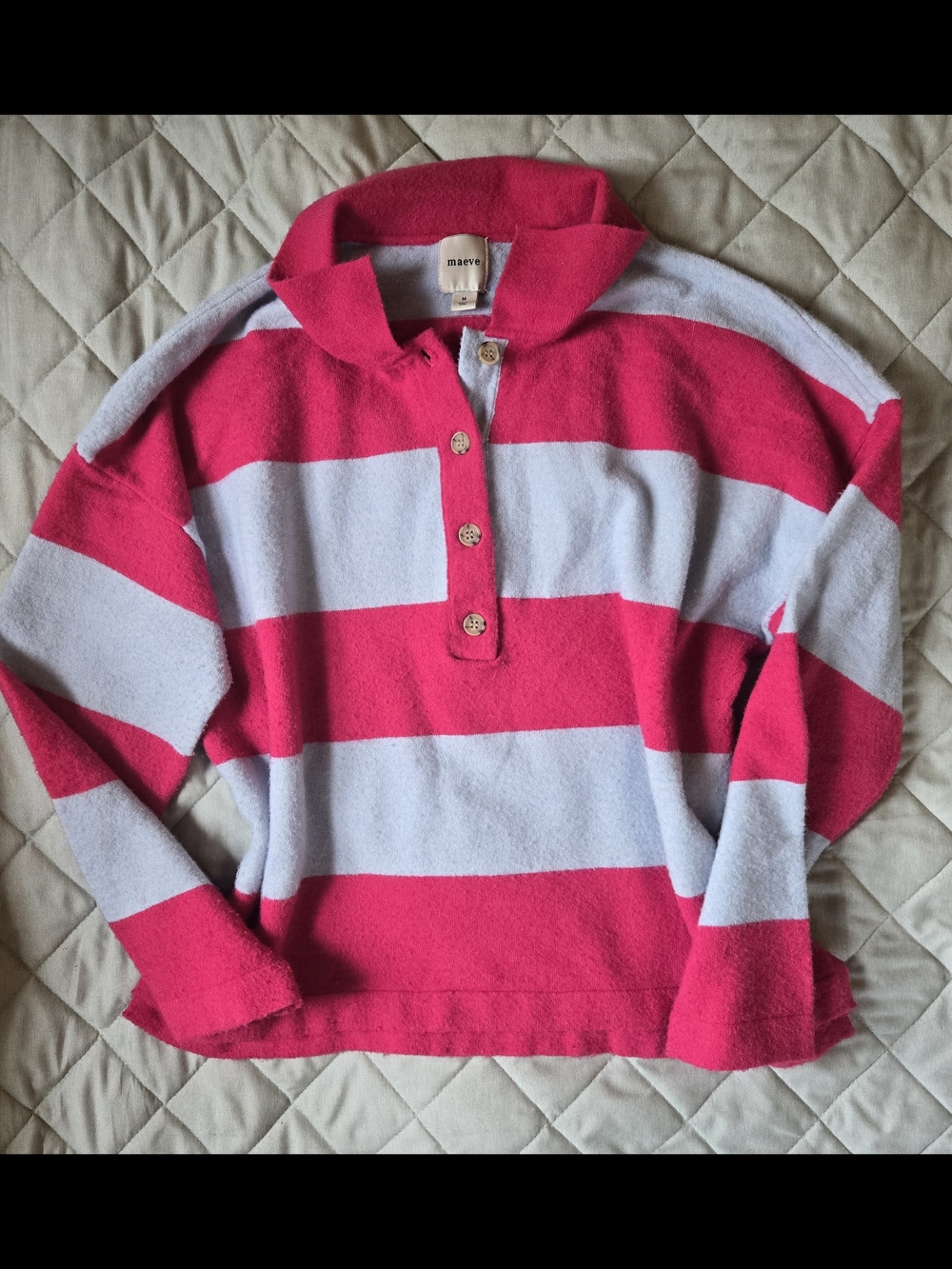 Maeve Bright Pink and Light Blue Gray Striped Henley Pullover